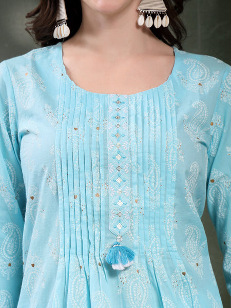 Women Turquoise Blue Paisley Printed Pure Cotton Round Neck Kurta & Trousers With Dupatta