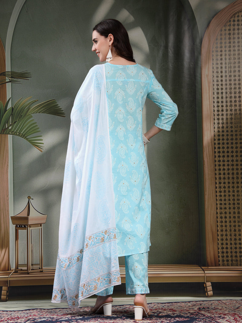 Women Turquoise Blue Paisley Printed Pure Cotton Round Neck Kurta & Trousers With Dupatta