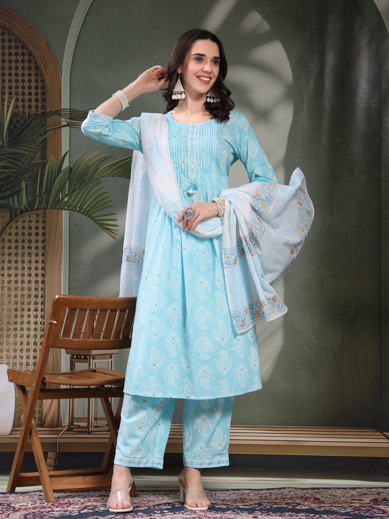 Women Turquoise Blue Paisley Printed Pure Cotton Round Neck Kurta & Trousers With Dupatta