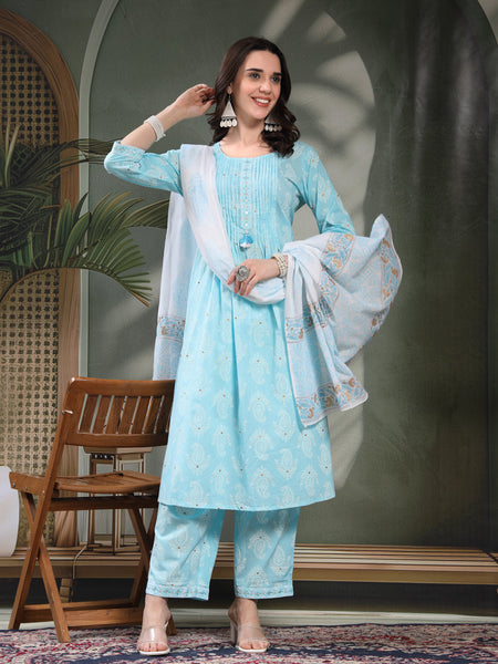Women Turquoise Blue Paisley Printed Pure Cotton Round Neck Kurta & Trousers With Dupatta