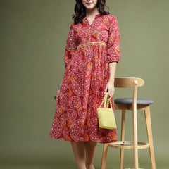 Women Maroon Floral Printed Mirror Work Cotton Fit & Flare Midi Ethnic Dress