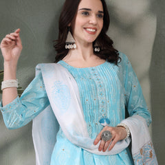 Women Turquoise Blue Paisley Printed Pure Cotton Round Neck Kurta & Trousers With Dupatta