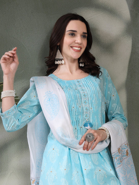 Women Turquoise Blue Paisley Printed Pure Cotton Round Neck Kurta & Trousers With Dupatta