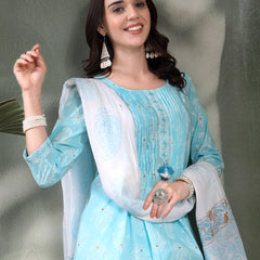 Women Turquoise Blue Paisley Printed Pure Cotton Round Neck Kurta & Trousers With Dupatta