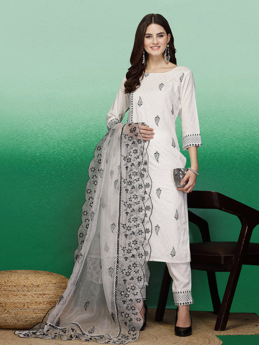 Women White Color Embroidery Staright Kurta Pant With Dupatta Set