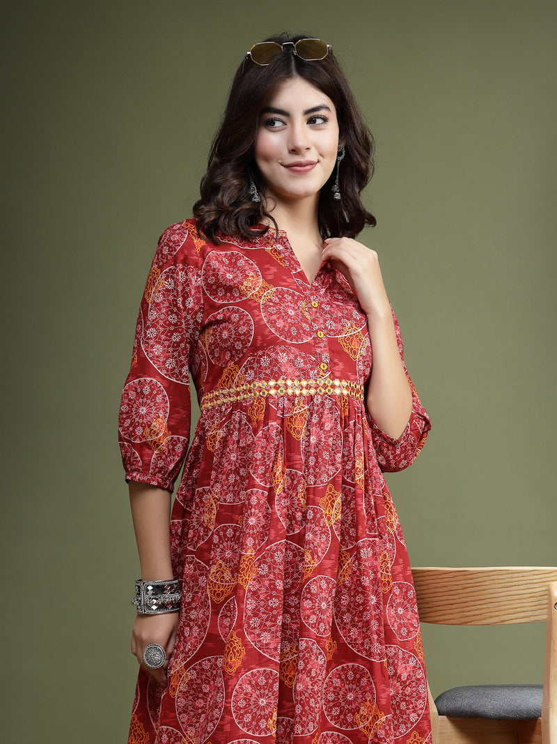 Women Maroon Floral Printed Mirror Work Cotton Fit & Flare Midi Ethnic Dress