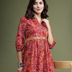 Women Maroon Floral Printed Mirror Work Cotton Fit & Flare Midi Ethnic Dress