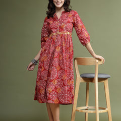 Women Maroon Floral Printed Mirror Work Cotton Fit & Flare Midi Ethnic Dress