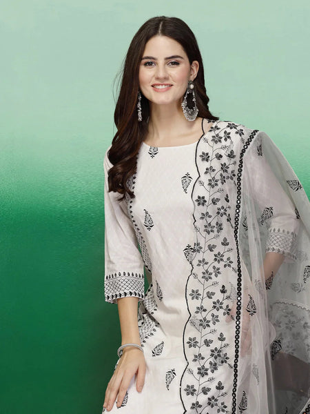 Elegant White Embroidered Rayon Kurta Set