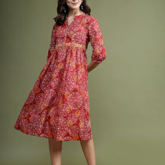 Women Maroon Floral Printed Mirror Work Cotton Fit & Flare Midi Ethnic Dress