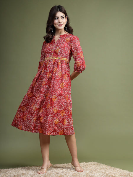 Women Maroon Floral Printed Mirror Work Cotton Fit & Flare Midi Ethnic Dress