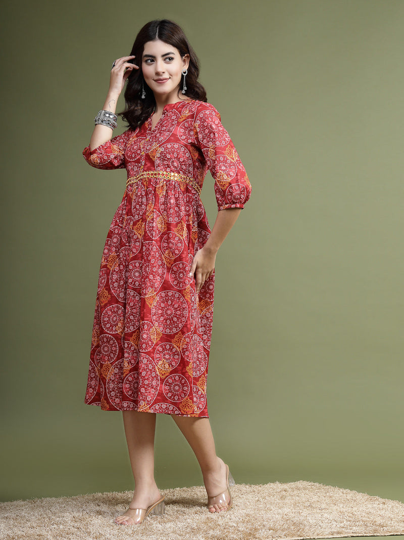 Women Maroon Floral Printed Mirror Work Cotton Fit & Flare Midi Ethnic Dress