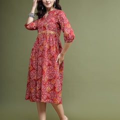 Women Maroon Floral Printed Mirror Work Cotton Fit & Flare Midi Ethnic Dress