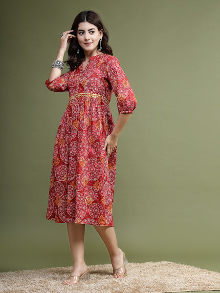 Women Maroon Floral Printed Mirror Work Cotton Fit & Flare Midi Ethnic Dress