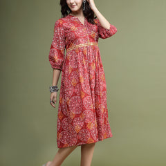 Women Maroon Floral Printed Mirror Work Cotton Fit & Flare Midi Ethnic Dress