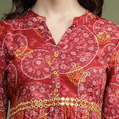 Women Maroon Floral Printed Mirror Work Cotton Fit & Flare Midi Ethnic Dress