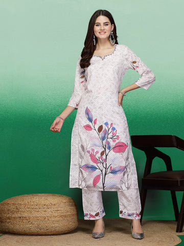 Women White Color printed Hand Work Staright Kurta Pant With Dupatta Set