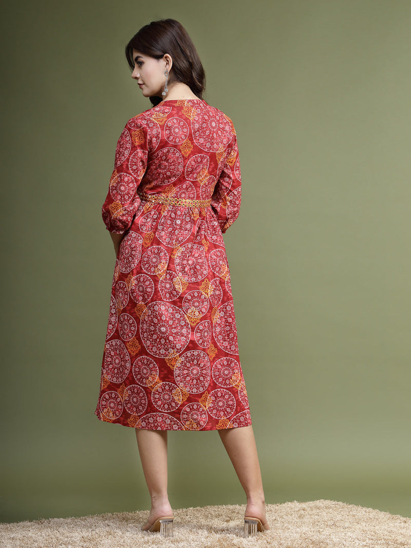 Women Maroon Floral Printed Mirror Work Cotton Fit & Flare Midi Ethnic Dress