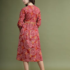 Women Maroon Floral Printed Mirror Work Cotton Fit & Flare Midi Ethnic Dress