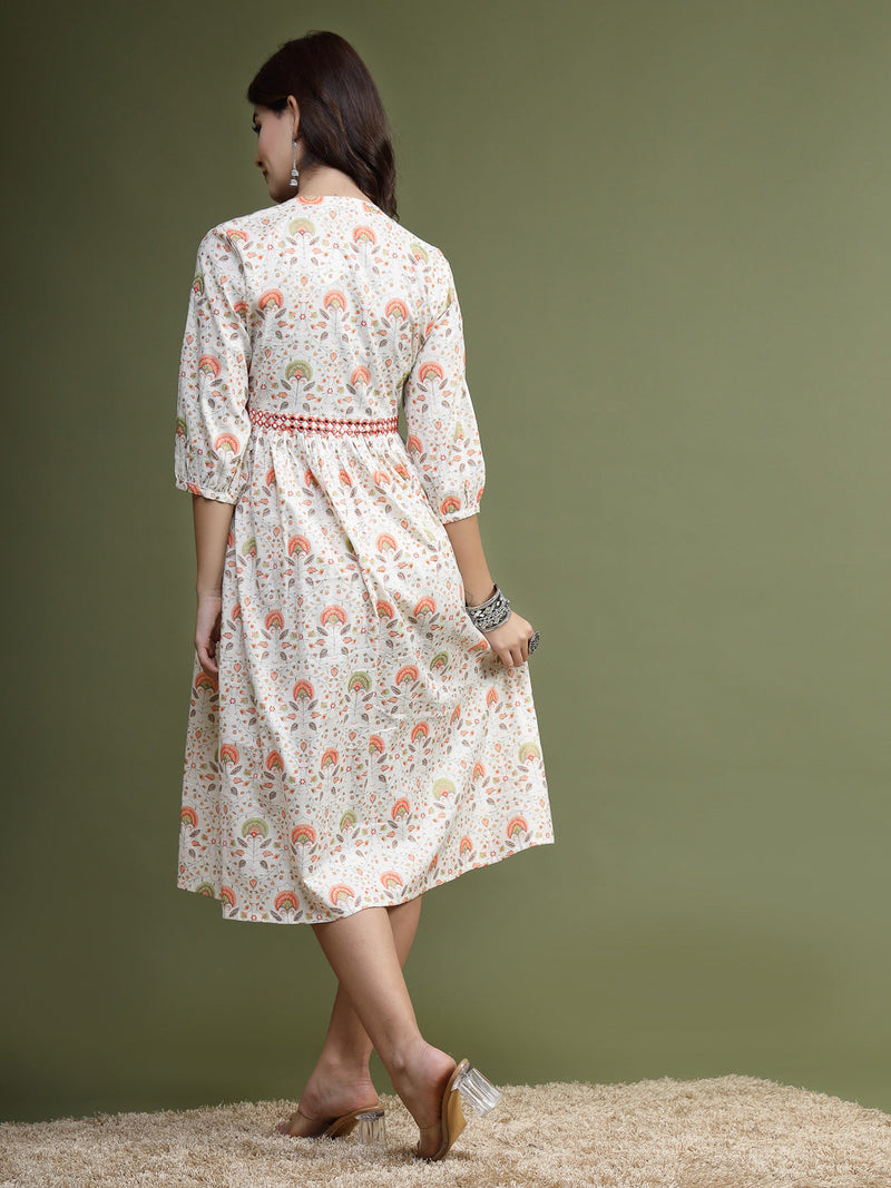 Women Floral Printed Mirror Work Pure Cotton Fit & Flare Midi Ethnic Dress