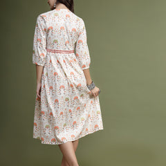 Women Floral Printed Mirror Work Pure Cotton Fit & Flare Midi Ethnic Dress