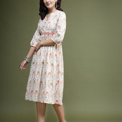 Women Floral Printed Mirror Work Pure Cotton Fit & Flare Midi Ethnic Dress