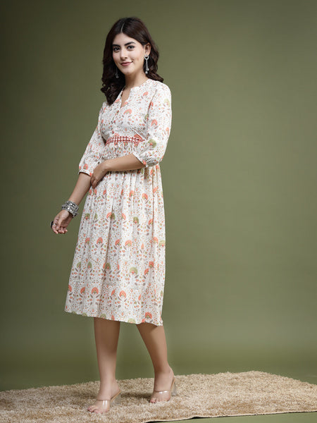 Women Floral Printed Mirror Work Pure Cotton Fit & Flare Midi Ethnic Dress