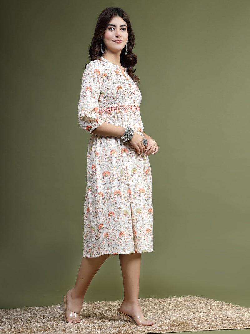 Women Floral Printed Mirror Work Pure Cotton Fit & Flare Midi Ethnic Dress