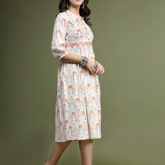 Women Floral Printed Mirror Work Pure Cotton Fit & Flare Midi Ethnic Dress