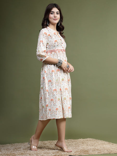 Women Floral Printed Mirror Work Pure Cotton Fit & Flare Midi Ethnic Dress