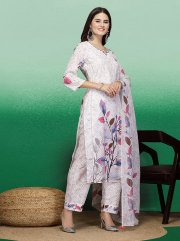 Women White Color printed Hand Work Staright Kurta Pant With Dupatta Set