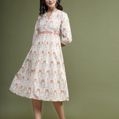 Women Floral Printed Mirror Work Pure Cotton Fit & Flare Midi Ethnic Dress