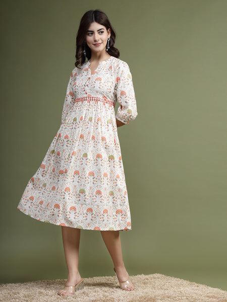 Women Floral Printed Mirror Work Pure Cotton Fit & Flare Midi Ethnic Dress