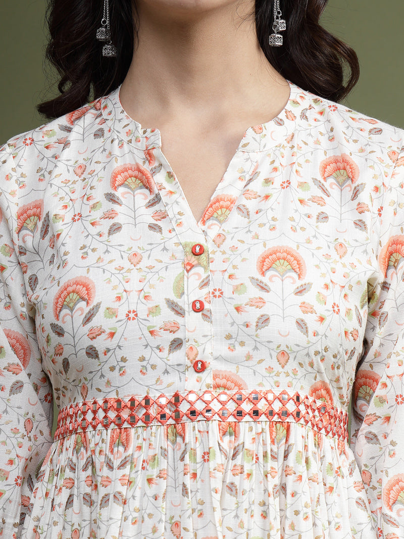 Women Floral Printed Mirror Work Pure Cotton Fit & Flare Midi Ethnic Dress