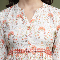 Women Floral Printed Mirror Work Pure Cotton Fit & Flare Midi Ethnic Dress