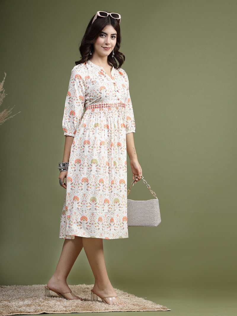 Women Floral Printed Mirror Work Pure Cotton Fit & Flare Midi Ethnic Dress