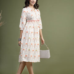 Women Floral Printed Mirror Work Pure Cotton Fit & Flare Midi Ethnic Dress