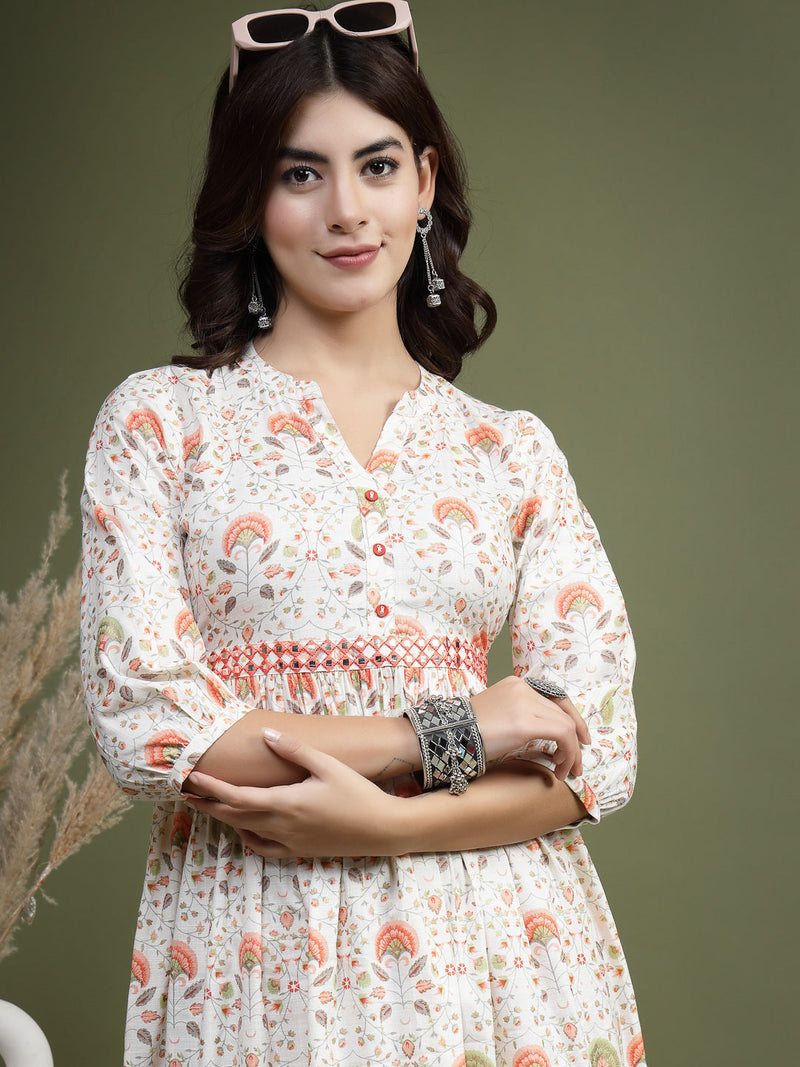 Women Floral Printed Mirror Work Pure Cotton Fit & Flare Midi Ethnic Dress