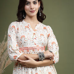 Women Floral Printed Mirror Work Pure Cotton Fit & Flare Midi Ethnic Dress