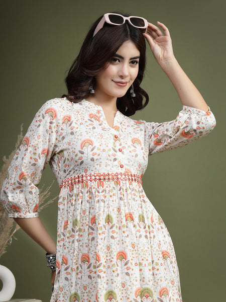 Women Floral Printed Mirror Work Pure Cotton Fit & Flare Midi Ethnic Dress