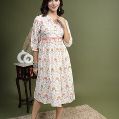 Women Floral Printed Mirror Work Pure Cotton Fit & Flare Midi Ethnic Dress