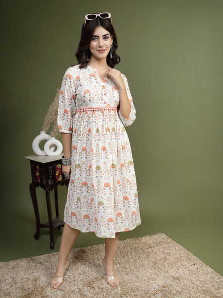 Women Floral Printed Mirror Work Pure Cotton Fit & Flare Midi Ethnic Dress