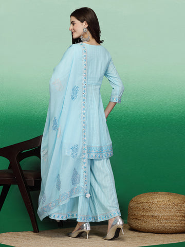 Women Turquoise Blue Color Embroidery A-line Kurta Sharara With Dupatta Set