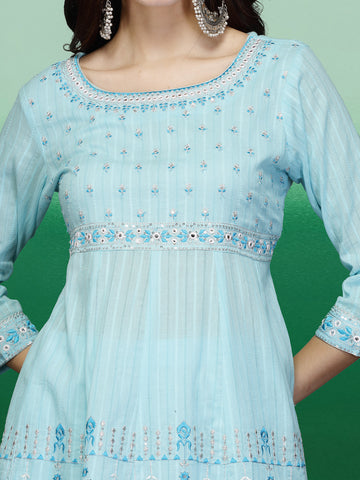 Women Turquoise Blue Color Embroidery A-line Kurta Sharara With Dupatta Set