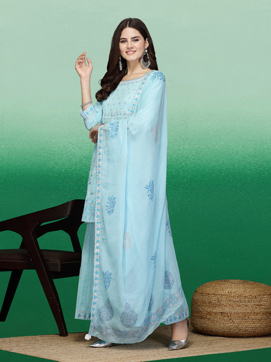 Women Turquoise Blue Color Embroidery A-line Kurta Sharara With Dupatta Set