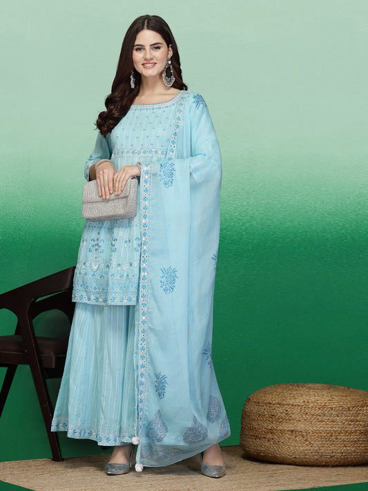 Women Turquoise Blue Color Embroidery A-line Kurta Sharara With Dupatta Set