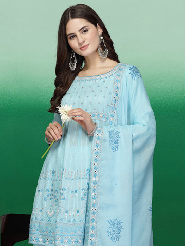 Women Turquoise Blue Color Embroidery A-line Kurta Sharara With Dupatta Set