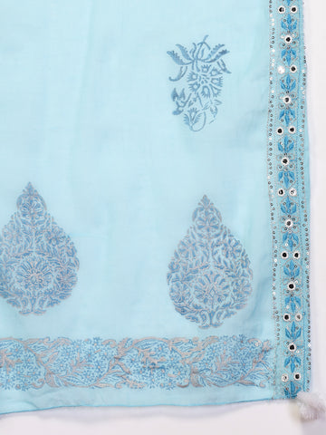 Women Turquoise Blue Color Embroidery A-line Kurta Sharara With Dupatta Set