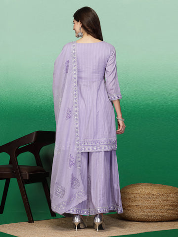 Women Lavender Color Embroidery A-line Kurta Sharara With Dupatta Set