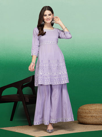 Women Lavender Color Embroidery A-line Kurta Sharara With Dupatta Set